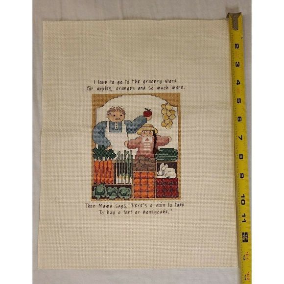 Vtg FINISHED CROSS STITCH Needlepoint Girl and Clerk Market‎ Scene quote 13" - Picture 5 of 5